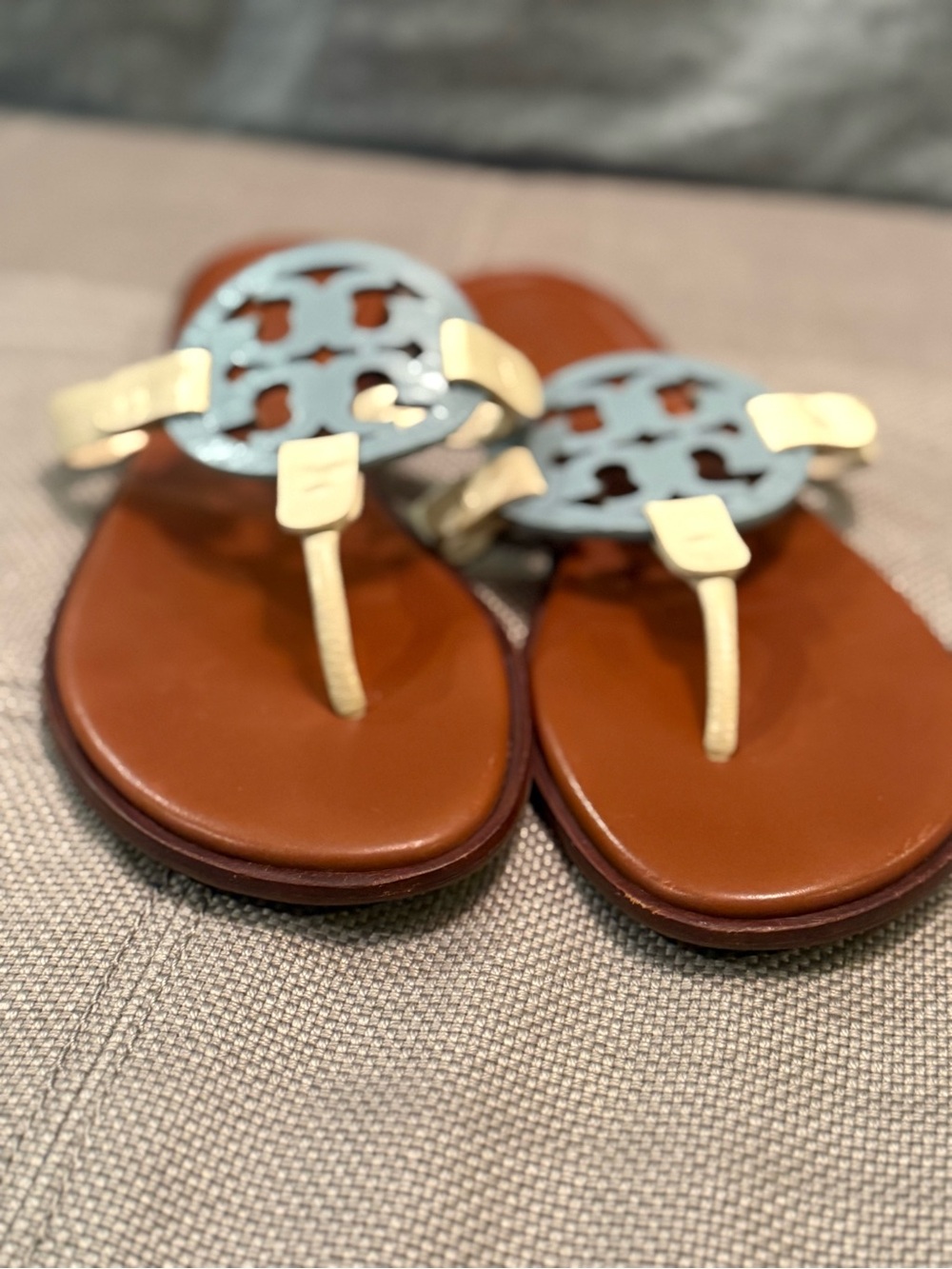 Tory Burch Brown Leather Sandals with Light Blue Logo and white Straps